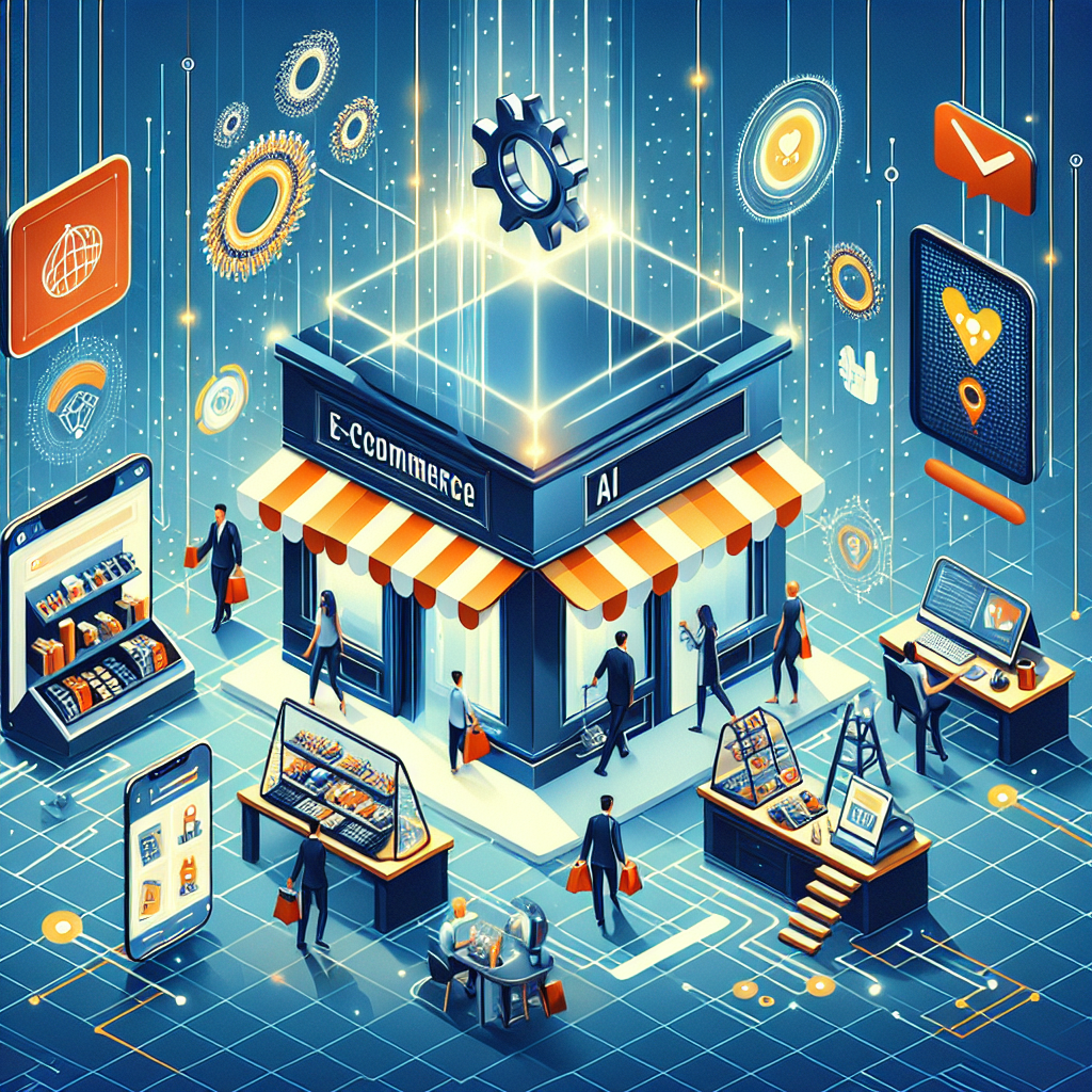 Illustration passend zum Thema "Die Zukunft des E-Commerce: Wie KI-Automatisierungen Ihren Online-Shop revolutionieren können", ideal für die Zielgruppe "Kleine Unternehmen".