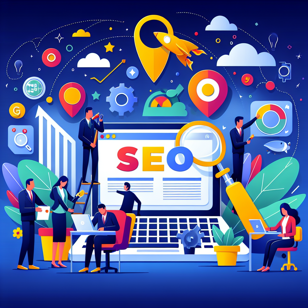 Illustration passend zum Thema "Die Macht der SEO: Wie wir deine Webseite bei Google nach vorne bringen", ideal für die Zielgruppe "Unternehmen".
